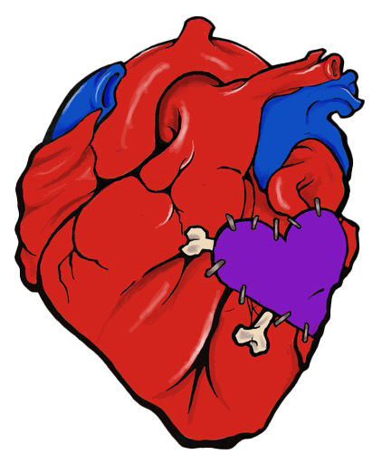 Image of an anatomical heart that has a PRPL HRT sewn into it.
