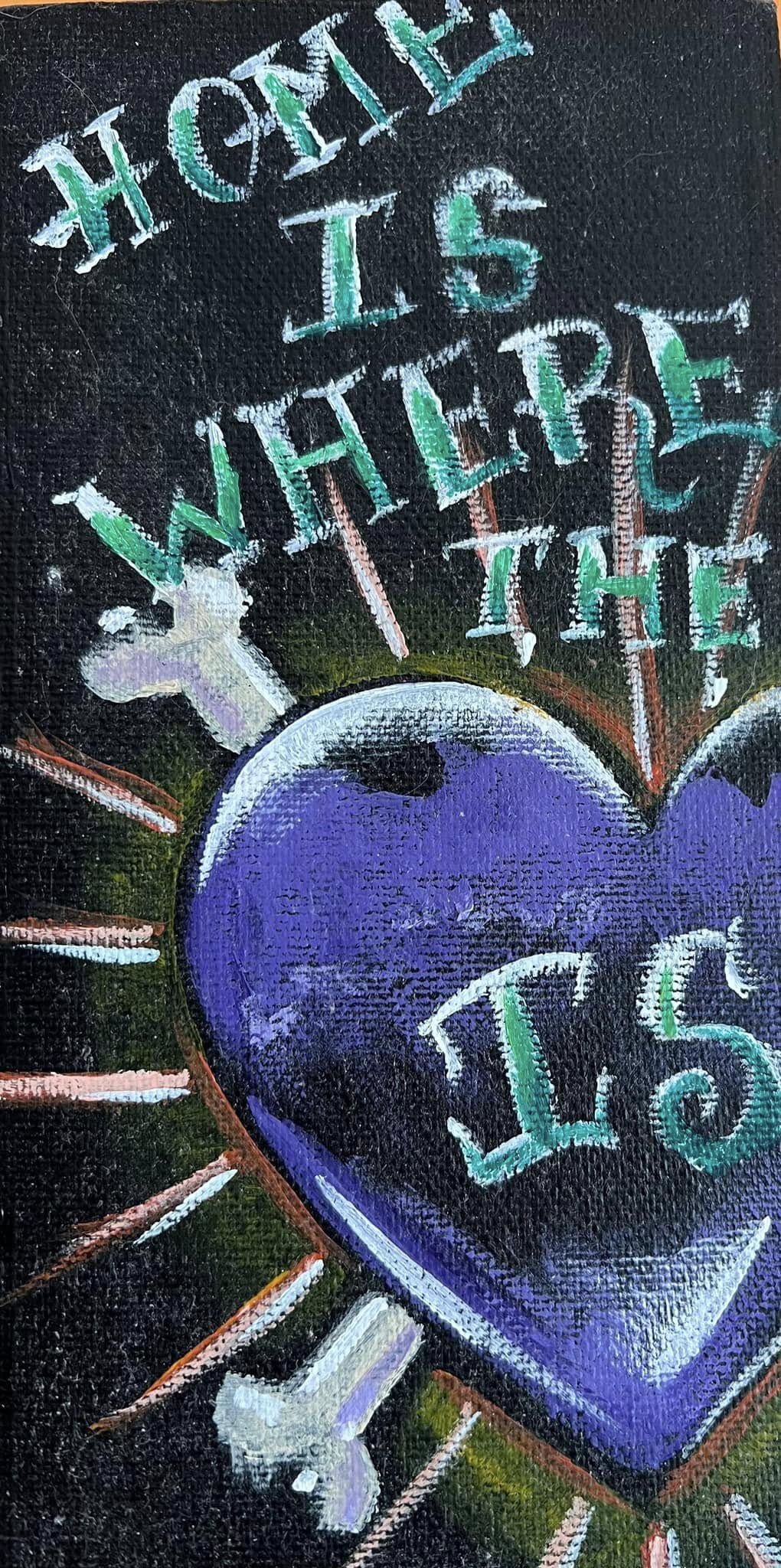 Image of a patch painting that states home is where the heart is.